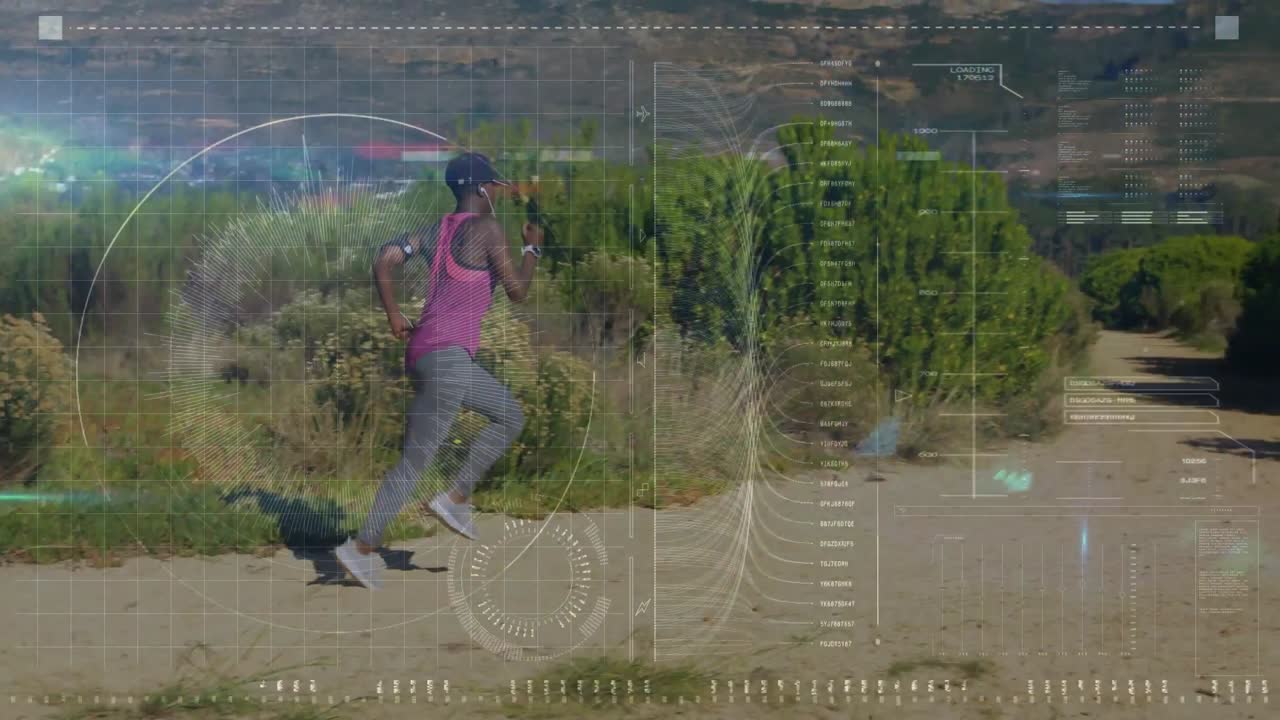 animación de la pantalla digital y procesamiento de datos sobre el hombre apto corriendo