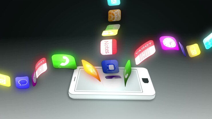 Application icons beaming from white smartphone