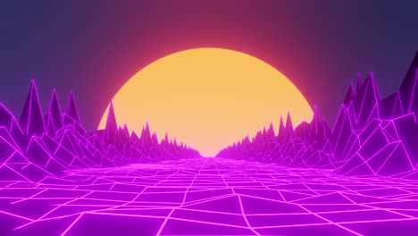luces de neón rosas y azules retro futuristas de moda 3d camino entre las montañas con sol en el fondo.