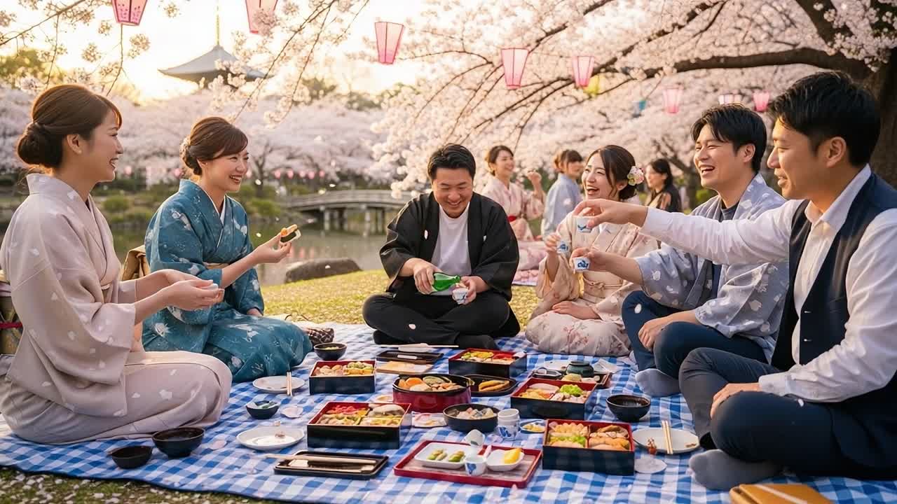 A Joyful Gathering Under Cherry Blossoms: Friends Enjoying Traditional Food and Drinks at Sunset, Celebrating with Laughter and Good Company in a Beautiful Setting