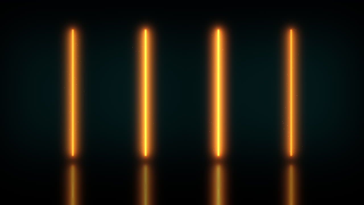 네 개의 오렌지색 네온 튜브의 애니메이션 루프가 빛나고 박이고 작은 입자를 방출합니다.