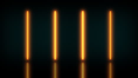 bucle de animación de cuatro tubos de neón naranja que brillan y parpadean y emiten pequeñas partículas