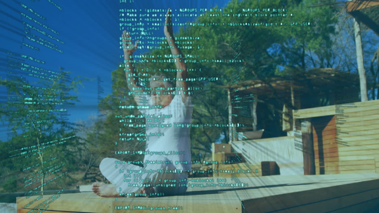 Animation of data processing over senior Caucasian man meditating