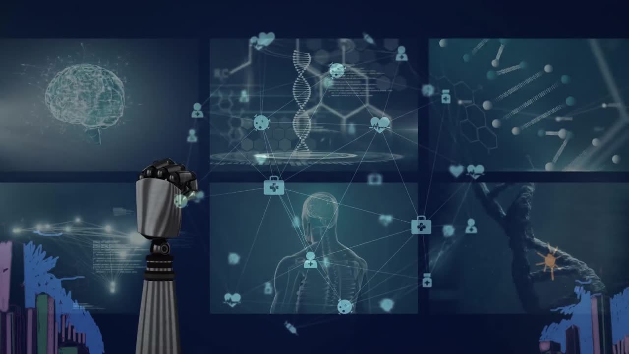 animación de la red de conexiones con iconos sobre la mano robótica y procesamiento de datos