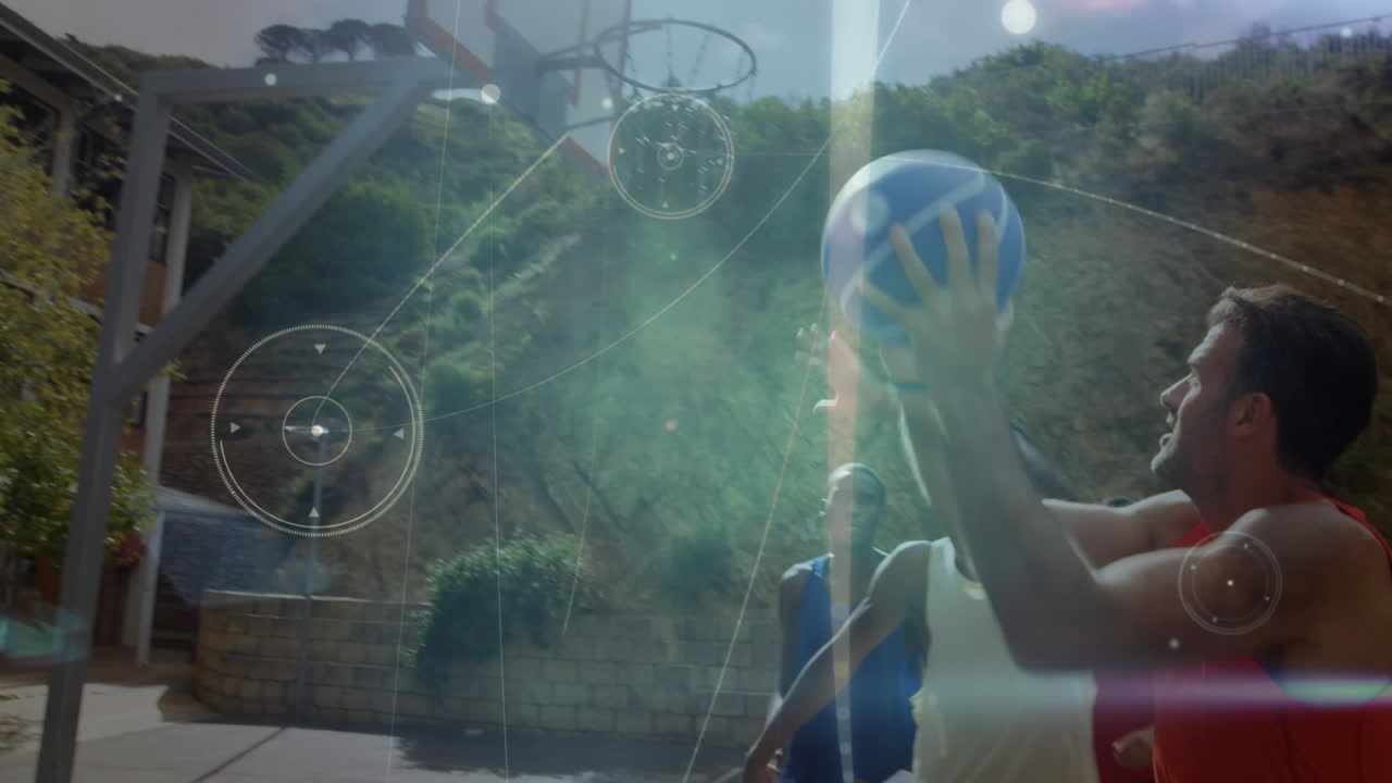 анимация сети соединений по баскетбольному матчу на открытом воздухе