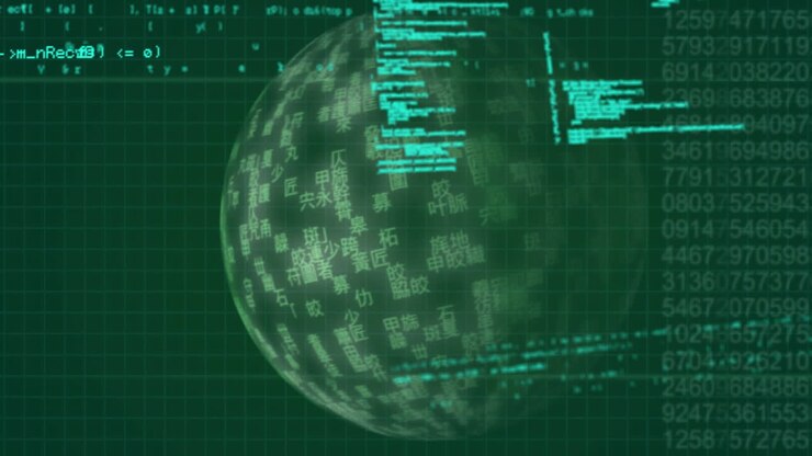 Program codes and globe with Chinese characters on the surface