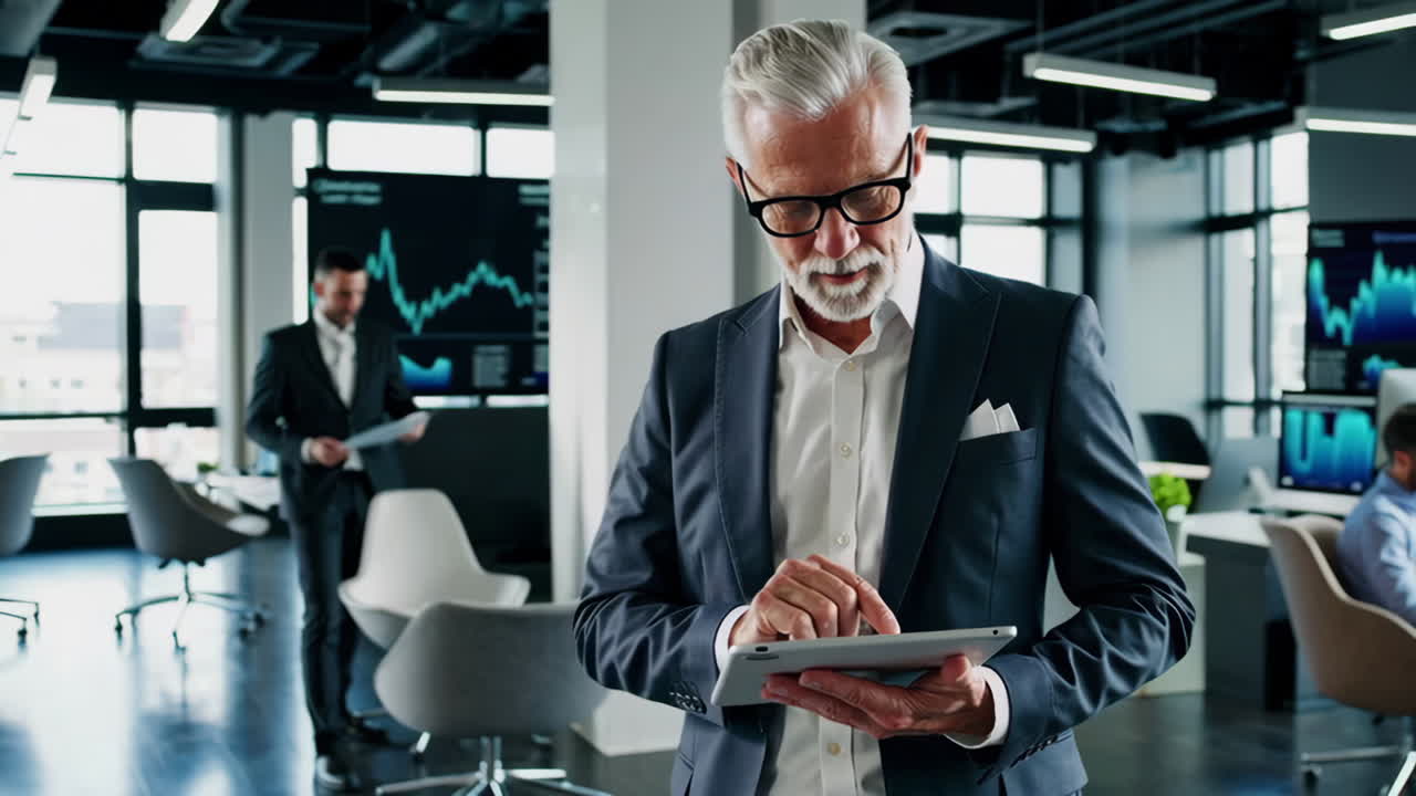 Eldre forretningsmann bruker et nettbrett på et moderne kontor med finansielle diagrammer