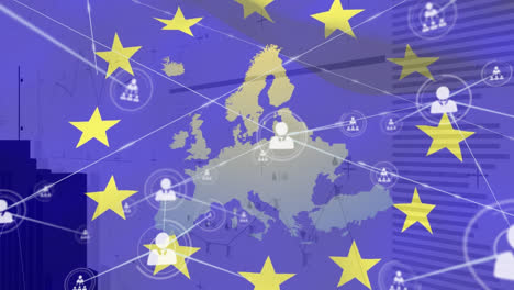 Animation-of-network-of-profile-icons-and-data-processing-against-waving-eu-flag-and-map