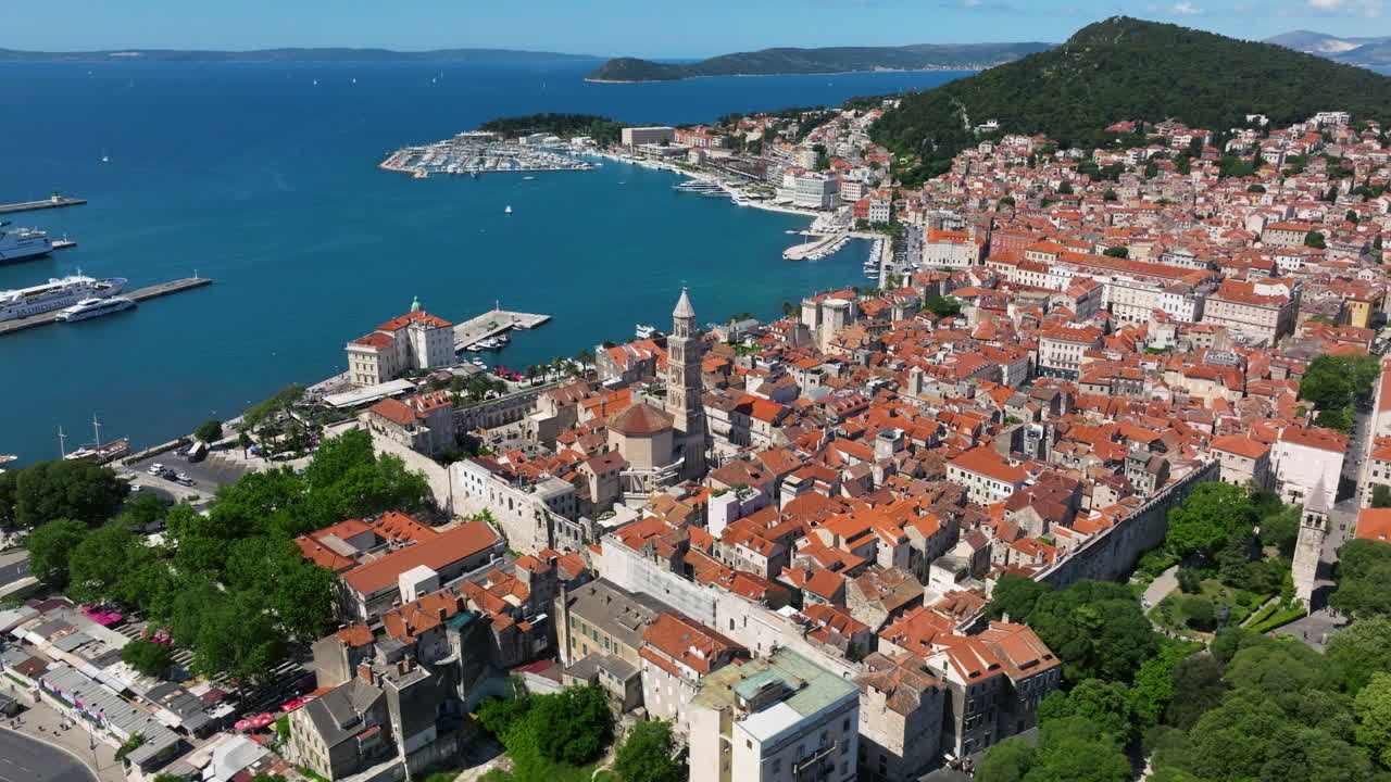 Split Old Town During Daytime In Croatia - Aerial Drone Shot