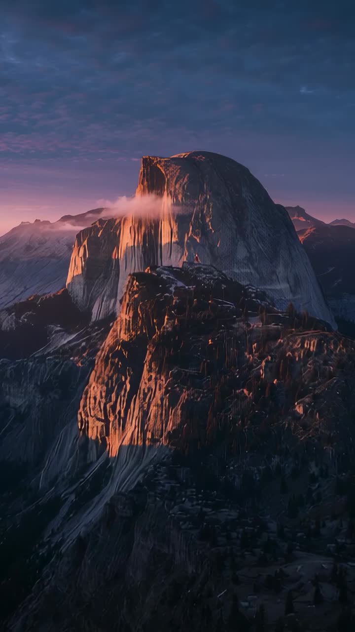Vídeo vertical: a luz do sol mudando revela uma cúpula de granito brilhando ao entardecer, elevando uma fina faixa de nuvens