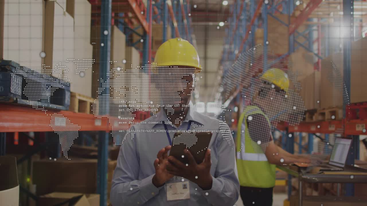 Lead tapping tablet and scanning racks in aisle, starting dotted map and code guiding inventory