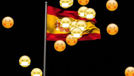 Animation-Der-Spanischen-Flagge-über-Mehreren-Symbolen-Auf-Dunklem-Hintergrund