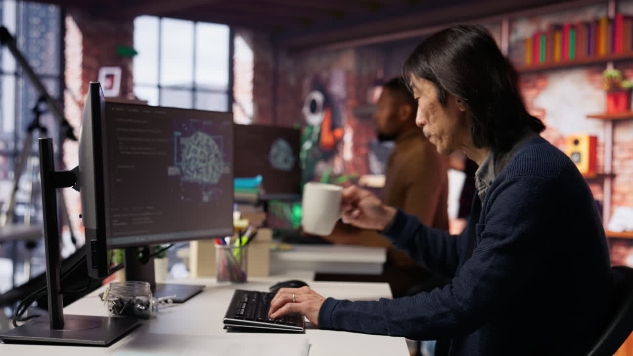 ingeniero en una oficina de inicio de tecnología que utiliza sistemas de aprendizaje automático de ia en la pc