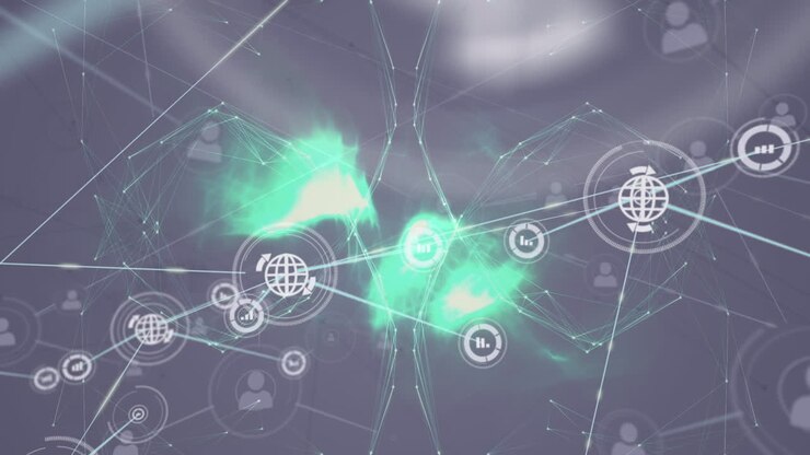 Animation of network of globe and information icons transferring data over glowing lights