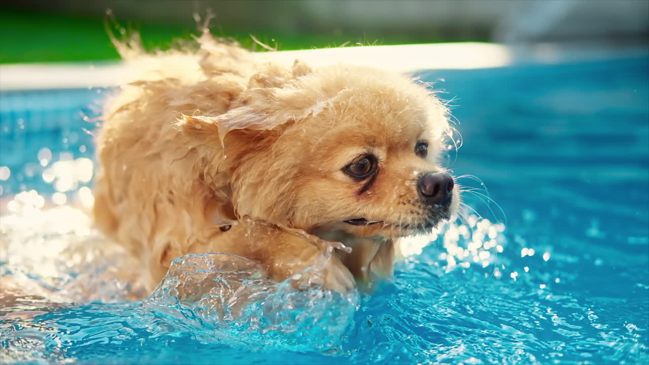 Pomeranian spitz dog swimming in a pool. Hot weather