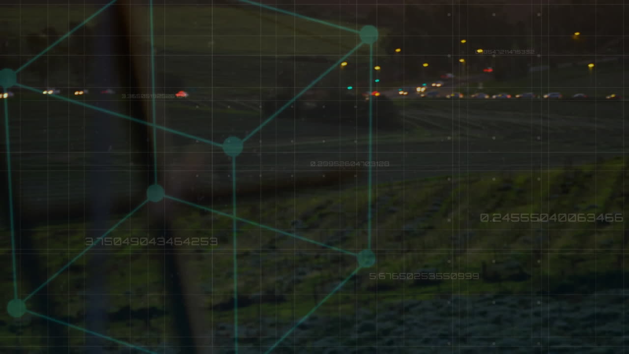 animación del procesamiento de datos y el cuadrado sobre el paisaje con pilón de electricidad