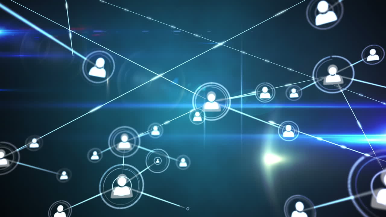 animación de la red de conexiones con iconos sobre fondo azul