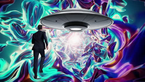 man encounters ufo in a vibrant psychedelic portal