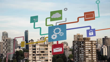 animación de la red de conexiones con iconos, procesamiento de datos sobre el paisaje urbano