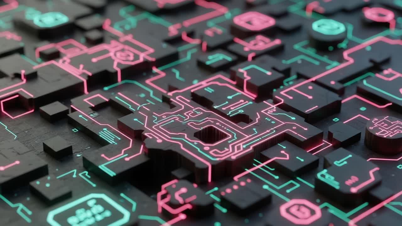 An Intricate Network of Circuit Patterns and Neon Lines Embodies a Futuristic Aesthetic, Merging Technology and Artistry in a Captivating Digital Landscape