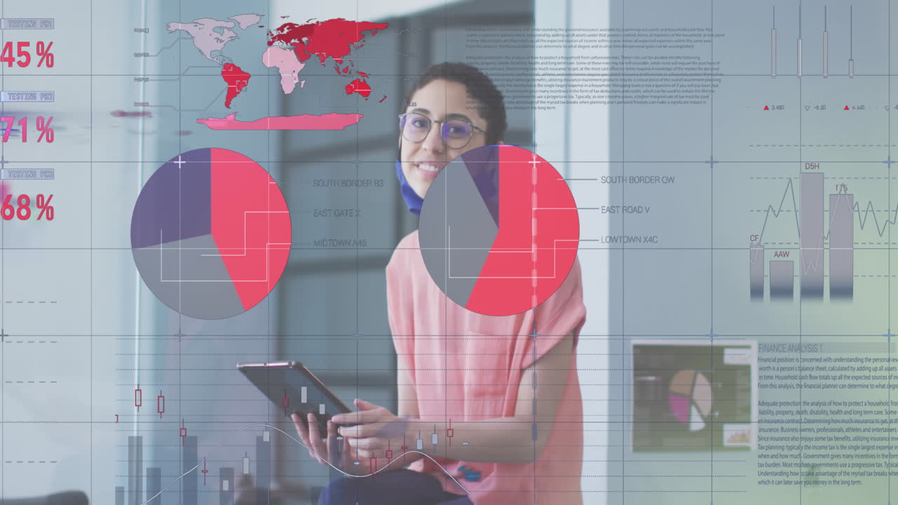 animación de estadísticas sobre una mujer sonriente en la oficina con una máscara facial