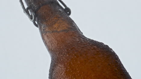 wet glass beer bottle covered moisture droplets on white background close up.