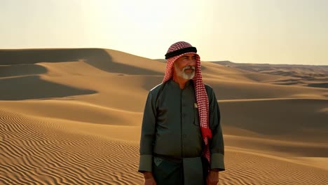 a man in traditional clothing standing in a desert landscape