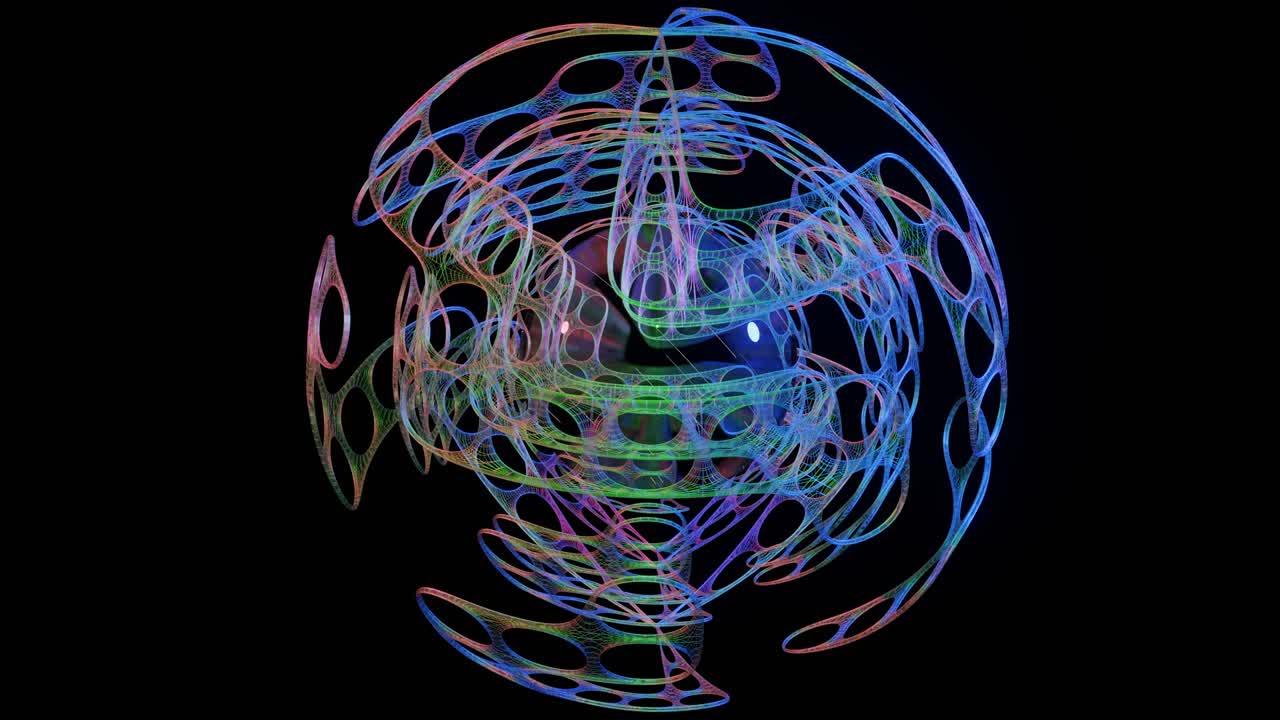 Seamless animation of a sphere with abstract orbital objects,