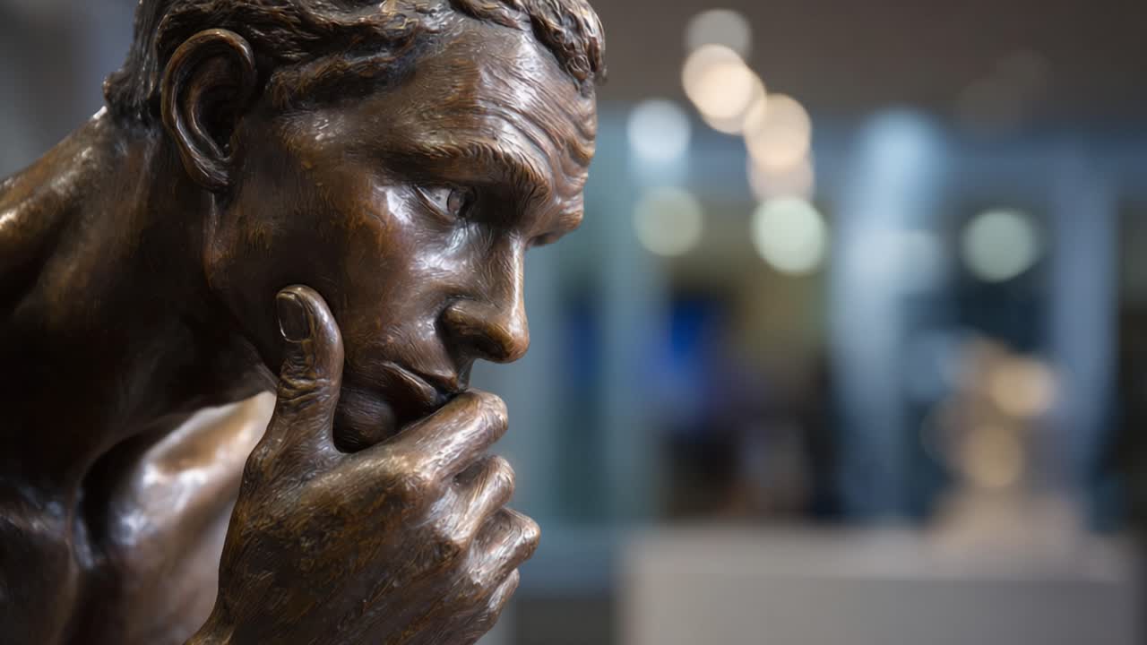 A Thoughtful Bronze Sculpture Capturing the Essence of Contemplation and Reflection in a Museum Setting, Inviting Deep Introspection and Artistic Appreciation