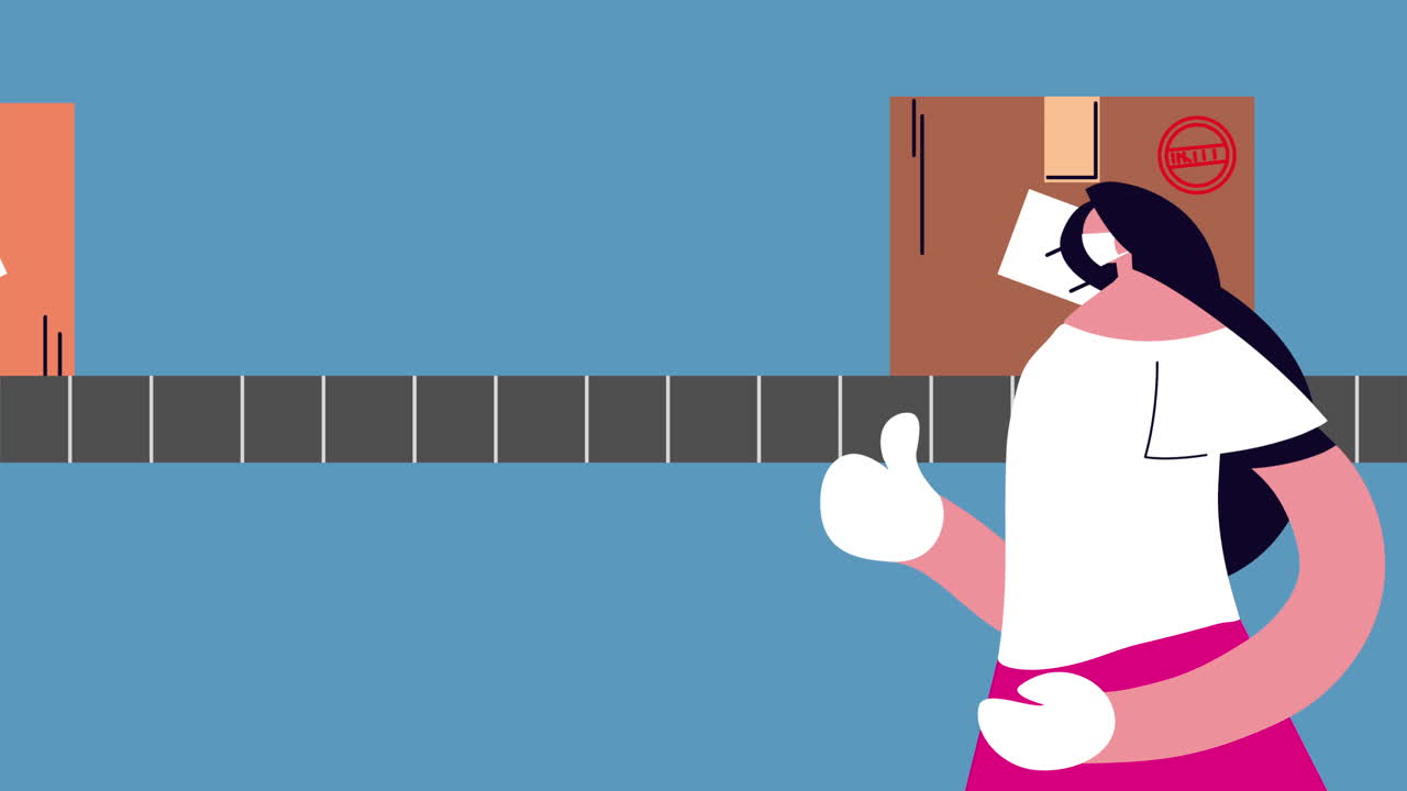 운송 밴드 애니메이션에서 상자를 가진 배달 서비스 여성