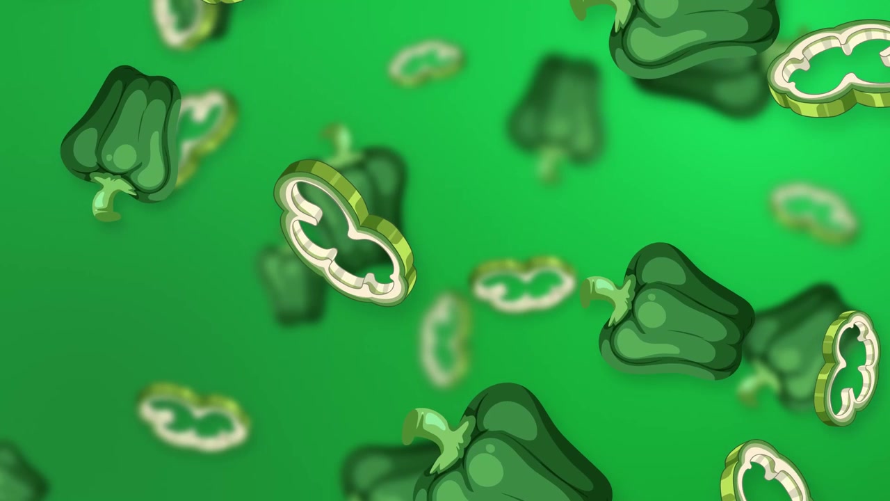 Stylized green bell peppers and slices fall through a bright green gradient background.