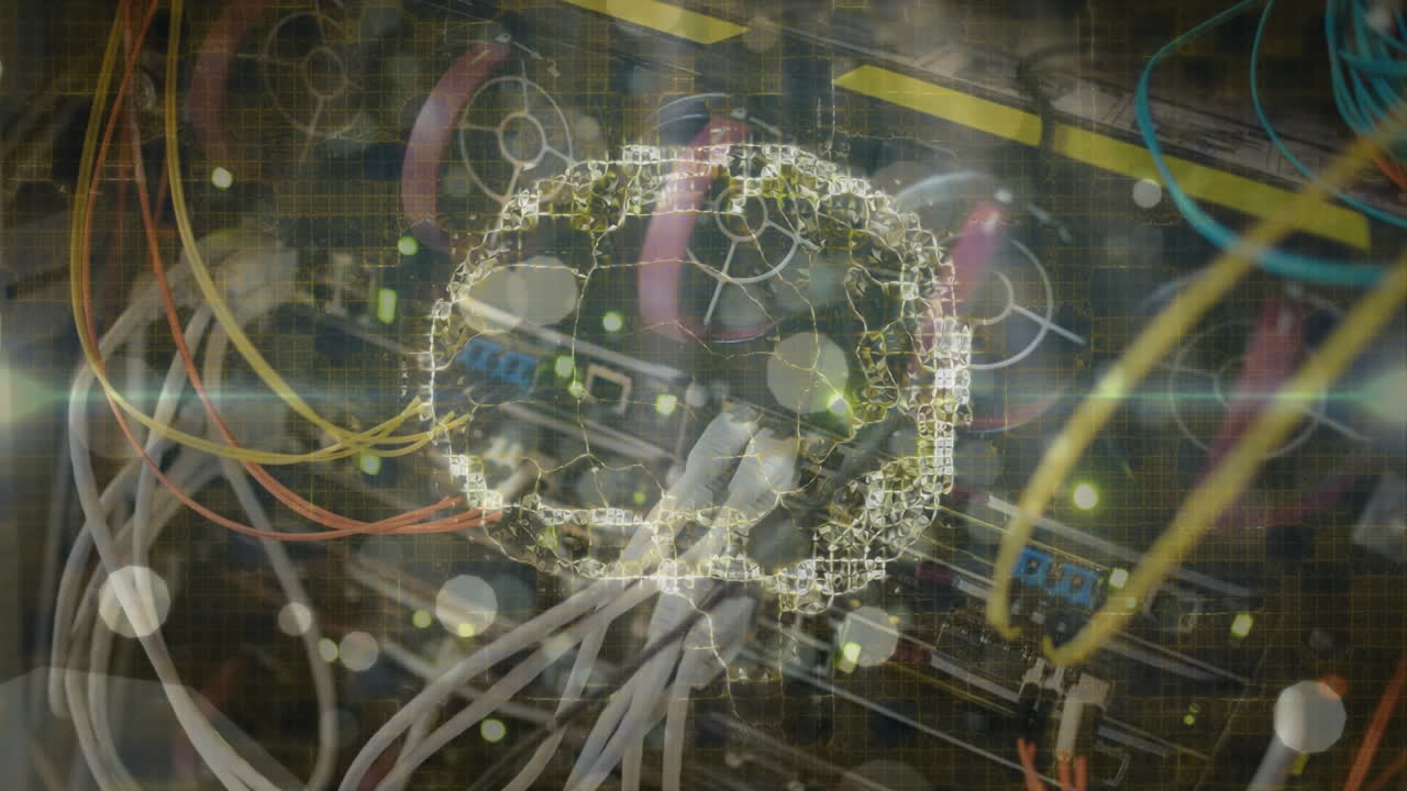 animación del procesamiento de datos y cerebro sobre la sala del servidor