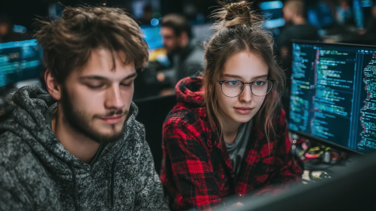 Focused Programming Duo Collaborating in a High-Tech Environment, Immersed in Coding, Analyzing Data, and Tackling Complex Challenges Together Using Advanced Technology