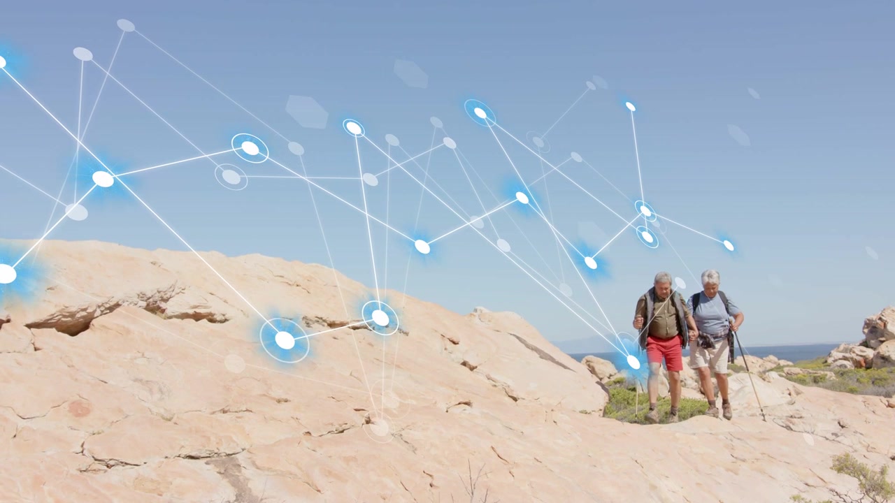 Senior hikers with poles walking, animated nodes emerging left and spreading toward hikers for data