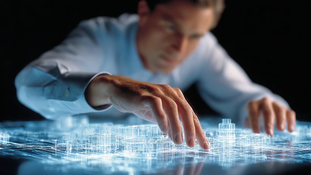 A focused individual interacts with an advanced holographic display, manipulating a transparent, futuristic model that showcases intricate urban landscapes in a digital environment