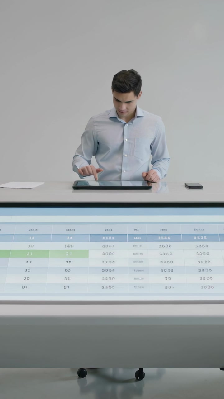 Vertical video: Tapping tablet, man in blue shirt highlighting rows on wide display at office