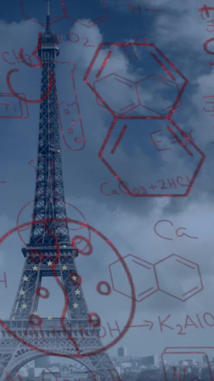 Animazione di formule chimiche su sfondo nuvoloso con Torre Eiffel