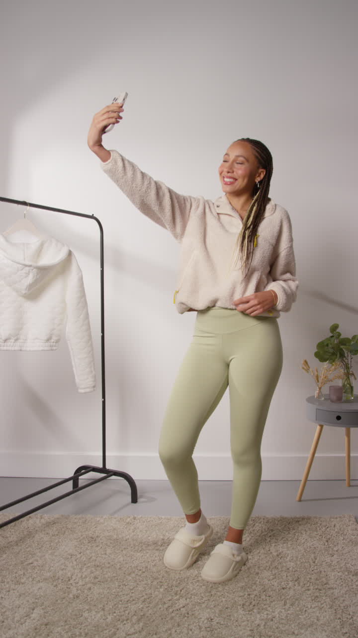 Vertical POV Video Of Female Social Media Influencer Posing For Selfie Producing User Generated Content In Studio Modelling A Variety Of Fashion Outfits Shot In Real Time 1