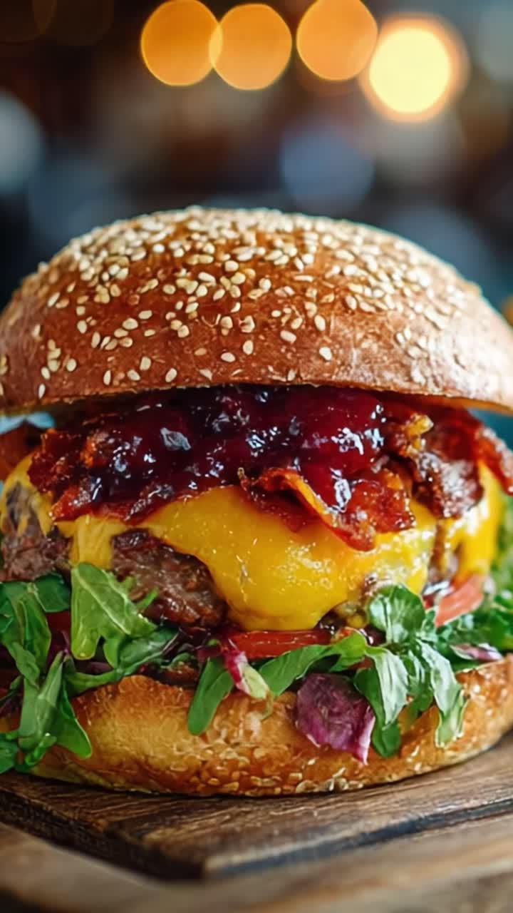 Lækker, saftig gourmetburger med smeltet ost, sprød bacon, friske grøntsager og smagfuld sauce, perfekt præsenteret på en sesambolle