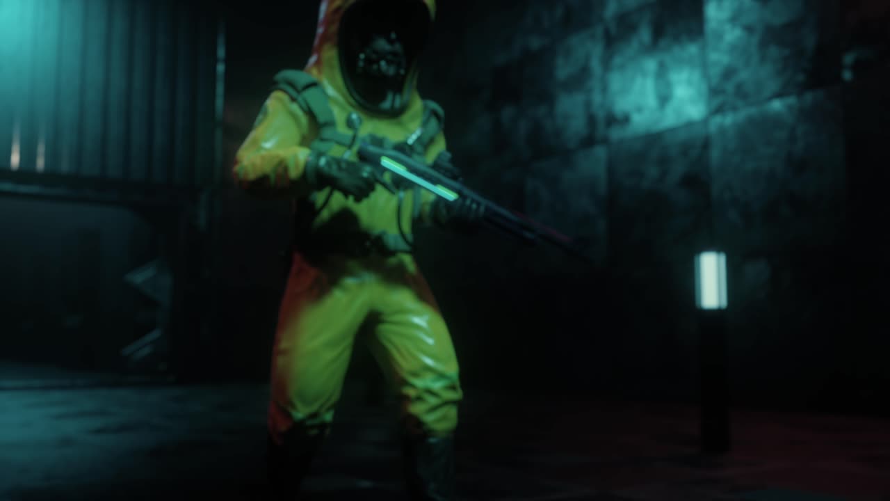 3D animation of person in yellow protective suit with air bottle and mask walking in dark environment