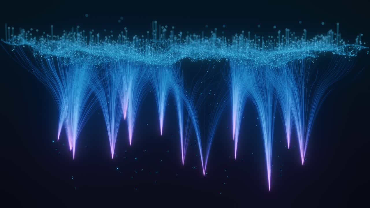 Abstrakt visualisering av AI-neuralt nätverk med en lysande blå partikelvåg och strömmar av lila ljusstrålar på mörk bakgrund. 3D-rendering av dataflödesanslutningar som representerar konceptet maskininlärning och djupinlärning