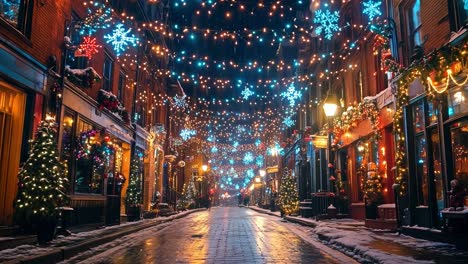 christmas street scene with lights and snow