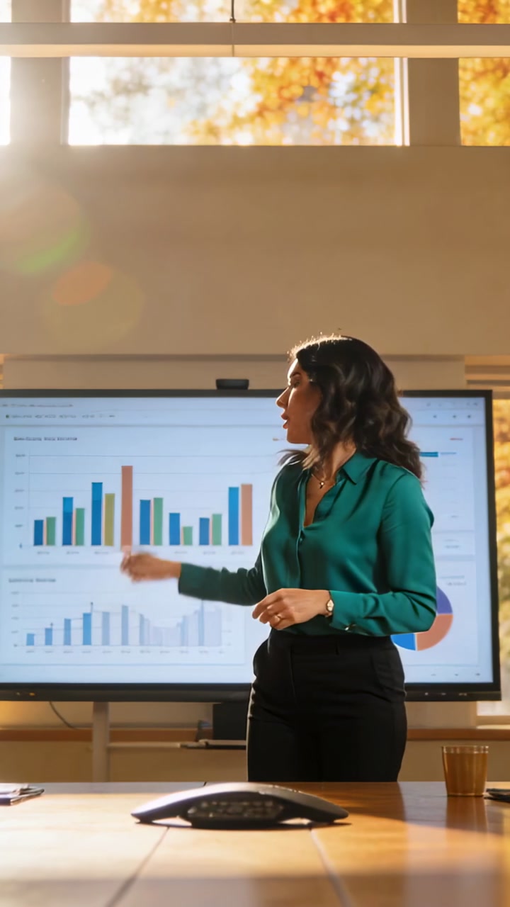 Vertical video: Clicking remote, woman in teal top pointing at charts explaining data in boardroom