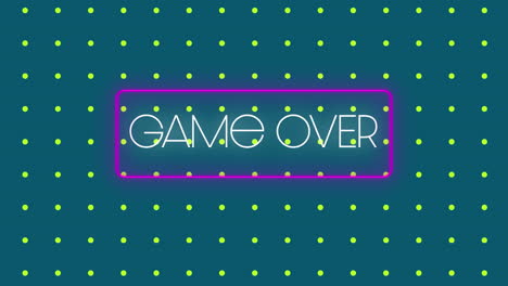 animación de texto de neón "juego terminado" en una interfaz de videojuego en un fondo verde punteado.