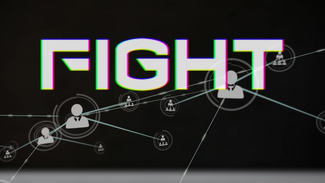 Animazione del testo "fight", rete di connessioni con icone ed elaborazione dati