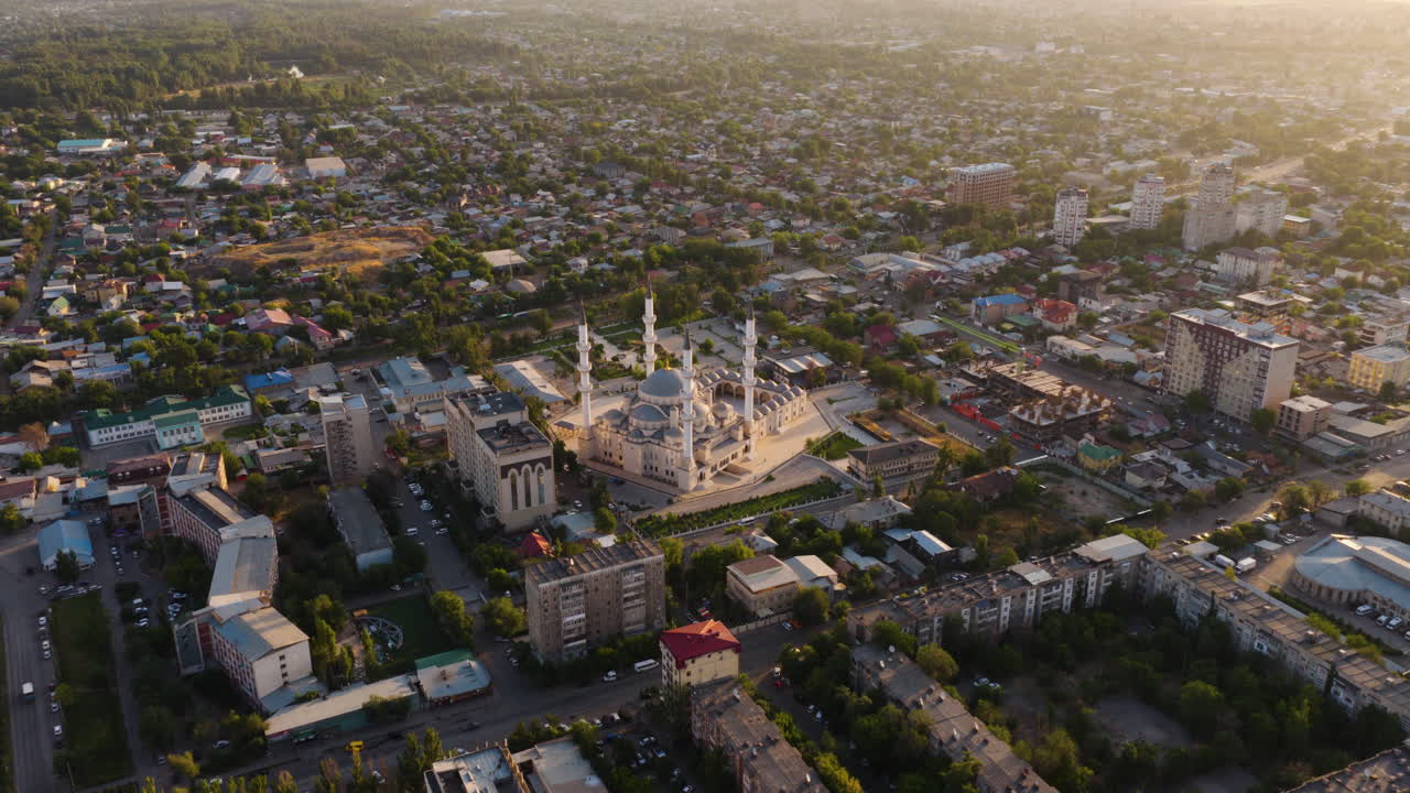 Panoramic Aerial View Of The Central Mosque Of Bishkek In Kyrgyzstan At Sunrise