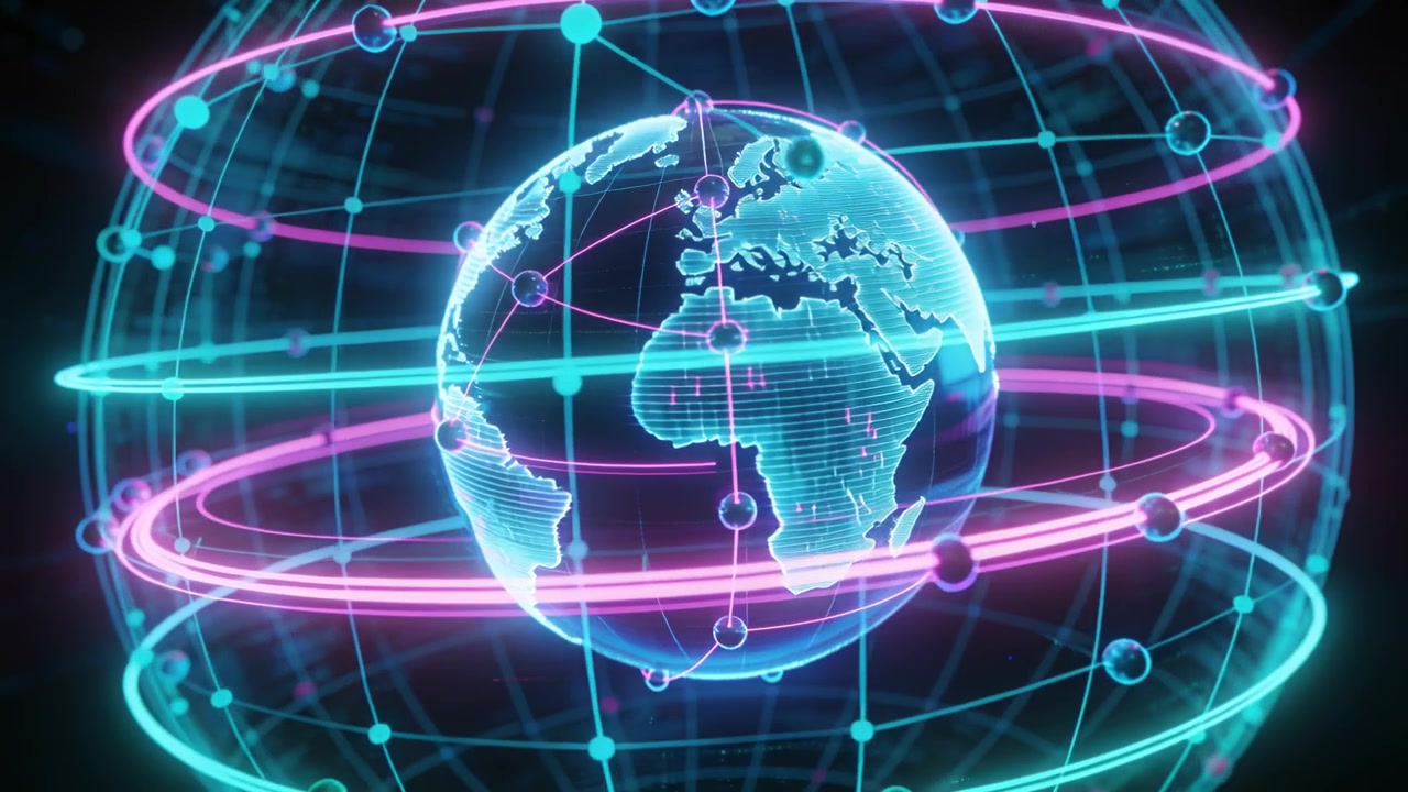 Starting with Americas, rotating holo globe revealing longitudes in void with neon rings and nodes
