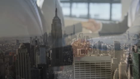 animation of group of white business people talking and shaking hands in office over cityscape