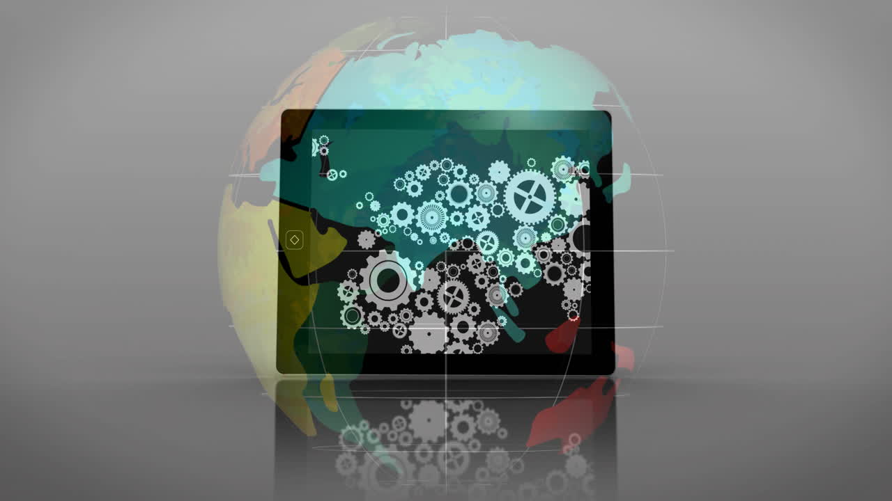 Tablet displaying gears and cogs animation over colorful globe background