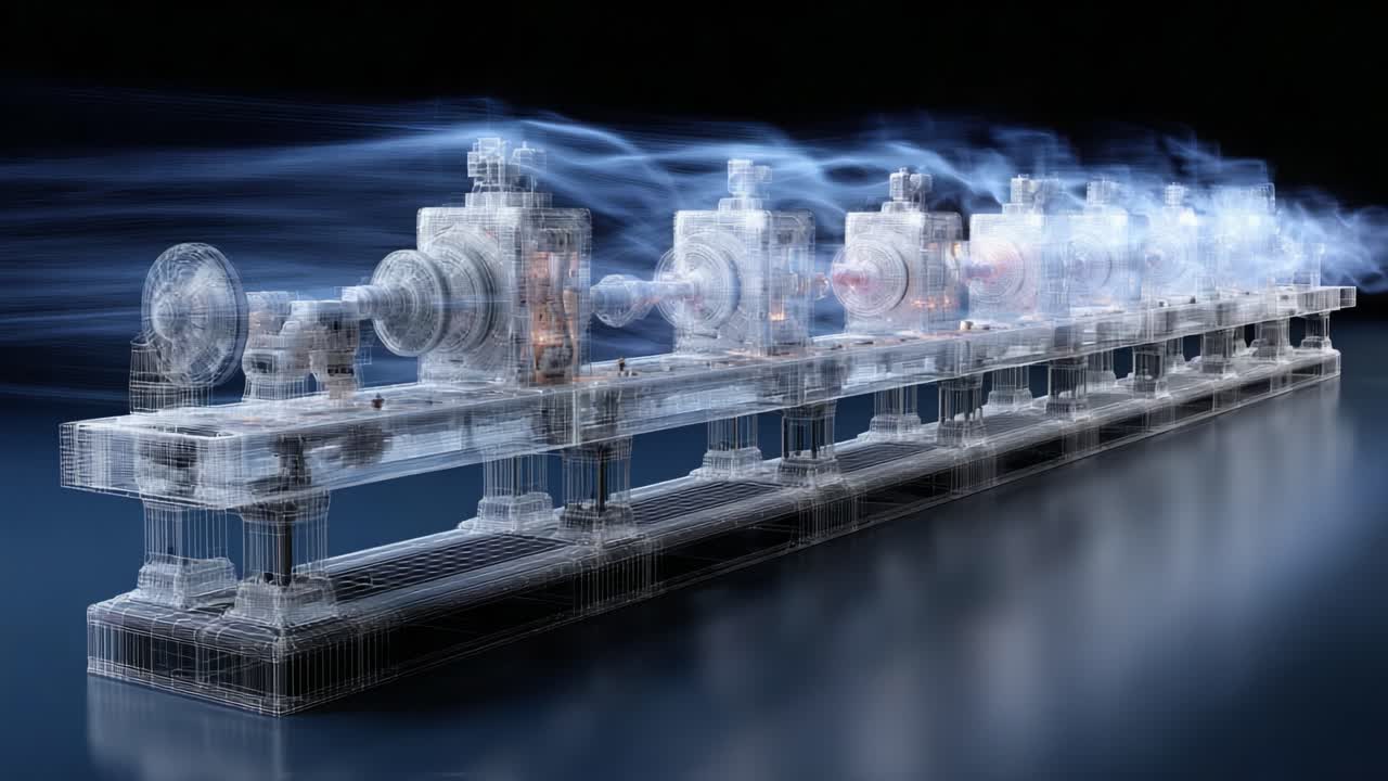A Detailed Overview of an Industrial Machine in Motion, Capturing the Complex Dynamics and Flow of the Mechanical System with Smoke Effects for Enhanced Visualization